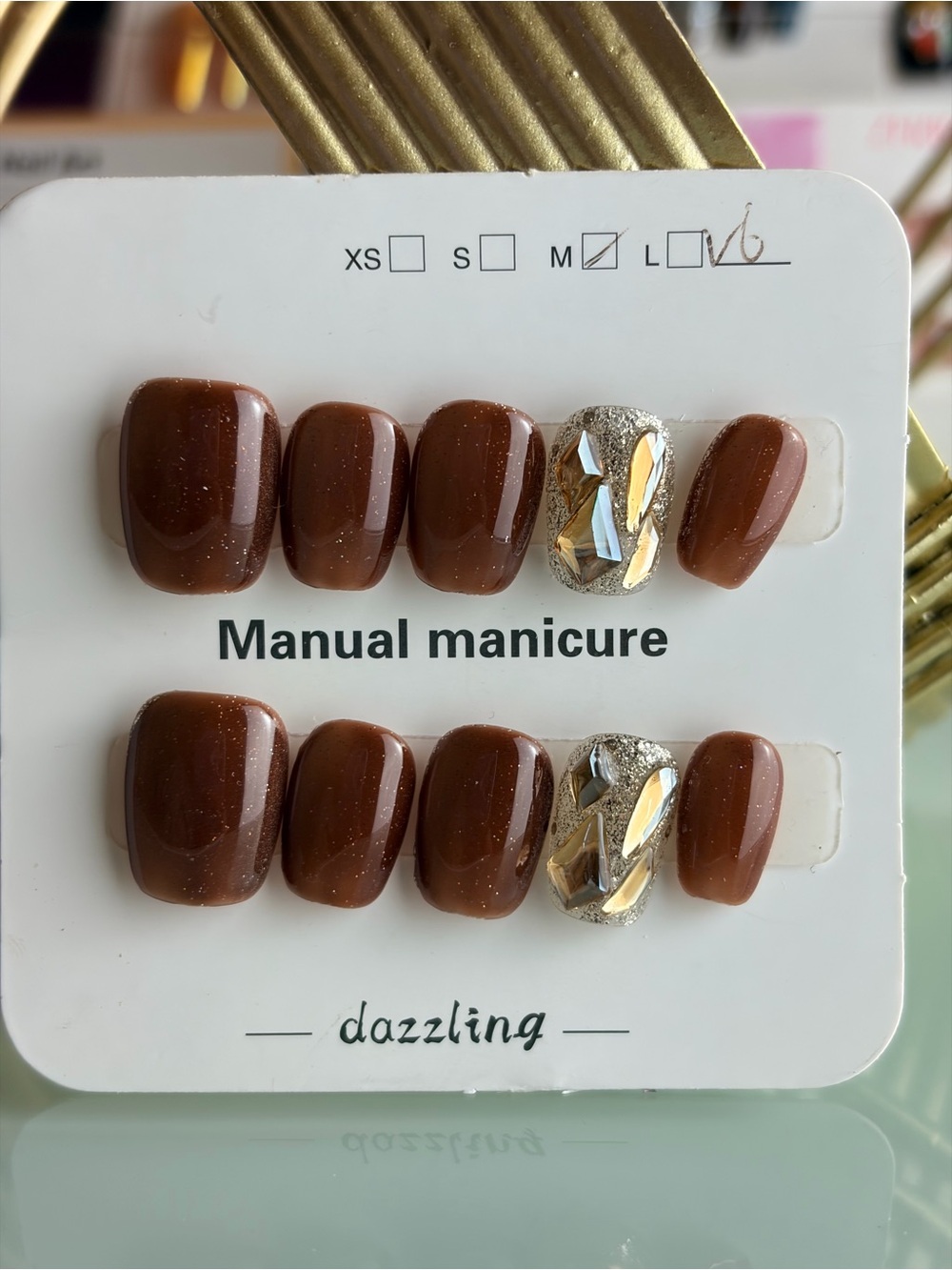 Brown Press-On Nail Set with Gold & Silver Accent small